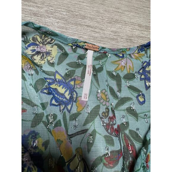 Free People Metallic Floral Midi Dress XS Puff Sleeve Light Blue Lined Oversized - Picture 3 of 9